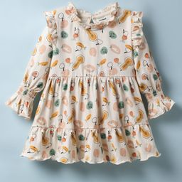 CUCUMBER Interlock Knit Full Sleeves Fruits Printed Tiered Frock With Frill Detailing - Cream-picture-23