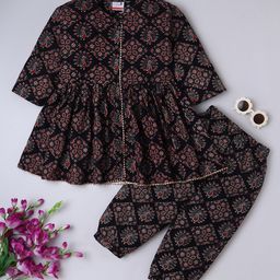 BAATCHEET Cotton Woven Three Fourth Sleeves Peacock Printed Rajasthani Kurti With Coordinating Pant Set - Black-image-61