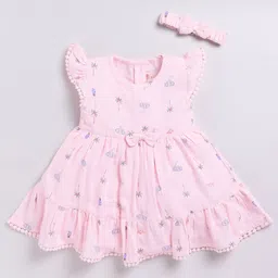 Snuggly MONKEY Seersucker Woven Cap Sleeves Elephants Printed Bow Applique Detailed Tiered Dress With Headband - Light Pink-picture-12