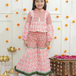 Ka-mee Cotton Woven Full Sleeves Floral Printed Gota Lace Embellished Kurti & Coordinating Sharara Set - Pink-picture-41