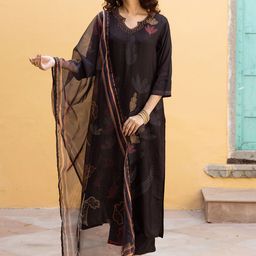 AUTUMN LANE Women Floral Embroidered Regular Thread Work Silk Georgette Kurta with Trousers & With Dupatta-picture-36
