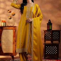 Libas Floral Embroidered Zari Work Dobby Weave Straight Kurta With Dhoti Pants & Dupatta-image-92