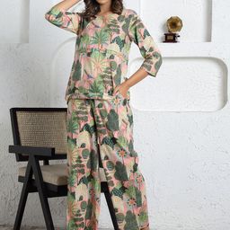 Mamicha Printed Pure Cotton Round Neck Top With Trousers Co-Ords Set-image-99