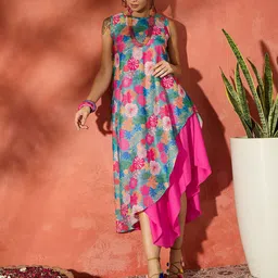 InWeave Floral Printed Chanderi A-Line Midi Dress-image-50