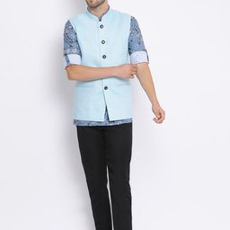 Hangup Men Blue Printed Kurta with Trousers & Nehru Jacket-12