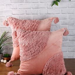eyda Set of 2 Peach-Coloured Textured Square Velvet Sustainable Cushion Covers-11