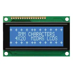 MIDAS DISPLAYS Display, Alphanumeric, 20X4, White, MC42004A6WR-BNMLW-V2-36