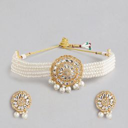 Anouk White Beaded Kundan Pendent Necklace Earring Set-56