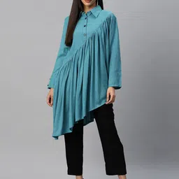 Cottinfab Women Solid Shirt Collar Top and Trouser-image-26