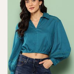 Killer Shirt Collar Lace Inserts Cuffed Sleeves Boxy Crop Top-picture-45