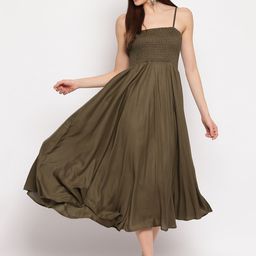Aawari Women Olive Green Solid Fit and Flare Dress-image-98