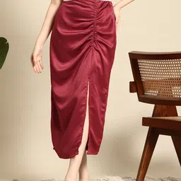 Mast & Harbour Satin-Finish Ruched Side-Slit Midi Skirt-image-55