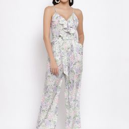 iki chic Off White & Green Printed Culotte Jumpsuit with Ruffles-20