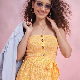 DressBerry Off-Shoulder Printed Smocked Belted Basic Jumpsuit-40