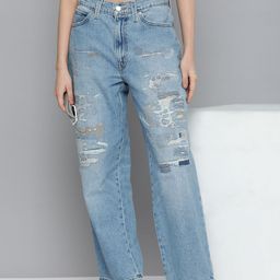 Levis Women 94 Pure Cotton Baggy Fit Mildly Distressed Light Fade Jeans-image-66