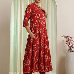 NISHABD Floral Printed Regular Pure Cotton Anarkali Kurta With Trouser With Dupatta image 2