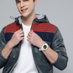 Mast & Harbour Men Grey & Red Colourblocked Hooded Padded Jacket-image-102