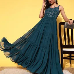 Inddus Teal Floral Embroidered Georgette Maxi Dress-picture-58