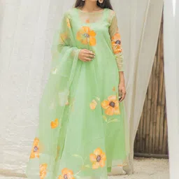 Ambraee Women Green & Mustard Yellow Floral Printed Floral Kurta with Dupatta-image-38