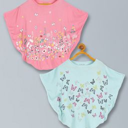 Plum Tree Pack Of 2 Half Sleeves Floral & Butterfly Printed Tops - Pink & Aqua Blue-image-34