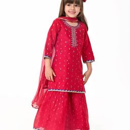 Babyhug Woven Three Fourth Sleeve Chanderi Embroidered Kurti Palazzo and Dupatta Set - Red-image-5