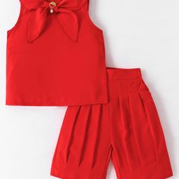 Kookie Kids Sleeveless Top & Pleated Shorts Set With Bow -Red-image-15
