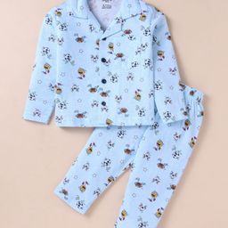 Smarty Boys 100% Cotton Knit Full Sleeves Front Open Doodles Printed Night Suit - Light Blue-image-6