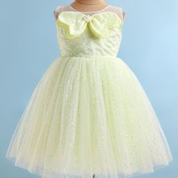 Bluebell Net Woven Sleeveless Party Frock with Bow Applique & Sequinned Detailing-Light Yellow-image-25