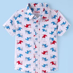 Babyhug Cotton Woven Half Sleeves Shirt With Shark Print - White-image-89