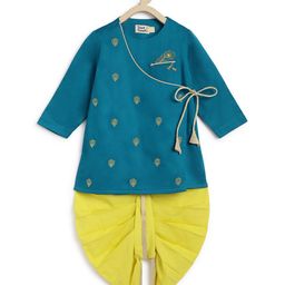 Tiber Taber Full Sleeves Peacock Feathers Foil Printed Angrakha Style Kurta With Dhoti - Blue-image-98