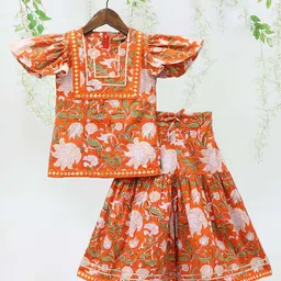 Bolly Lounge Half Sleeves Floral Printed & Gota Lace Embellished Kurta With Sharara - Orange-picture-15
