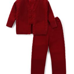 Pine Kids Knitted Full Sleeves Solid Colour Front Open Sweater with Pullover & Pant Set - Dark Red-2
