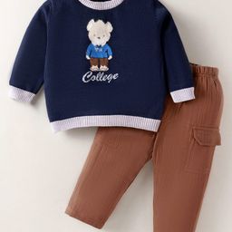 ToffyHouse Knit Full Sleeves Winter Wear T-Shirt & Lounge Pant Set With Animal Design - Navy Blue & Brown-image-78