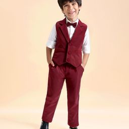 Babyhug Woven Full Sleeves Solid Color 3 Piece Party Suit with Bow - Maroon-image-64