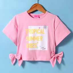 Little Kangaroos Cotton Knit Half Drop Shoulder Top with Bow Applique & Text Print - Pink-image-50