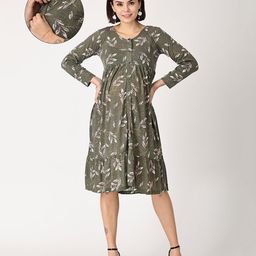 The Mom Store Cotton Full Sleeves Leaves Printed Shirt Style Maternity Dress With Zipless Nursing Access - Olive Green-image-30