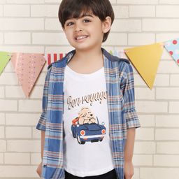 Polka Tots Cotton Full Sleeves Checked Hooded Shirt With Attached Tee - Blue-image-124
