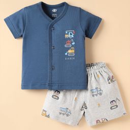 Zero Interlock Knit Half Sleeves Shorts Night Suit with Construction Vehicle Print - Navy Blue & Light Grey-image-42