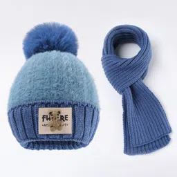 Babyhug Pom Pom Woollen Cap with Muffler & Bear Applique Blue - Diameter 12.5 m-picture-25
