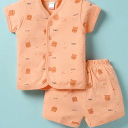 Tango Interlock Woven Front Open Shorts Night Suit With Bear Print - Peach-image-41