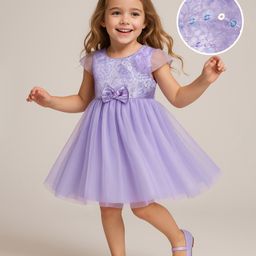 Babyhug Woven Cap Sleeves Party Dress with Sequin Detailing & Bow Applique - Lavender-picture-27