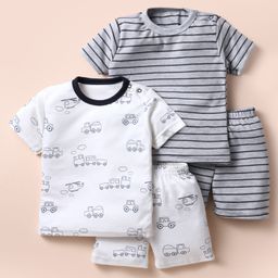 Kidi Wav Cotton Pack Of 2 Half Sleeves Striped & Train Printed Tees With Coordinating Shorts Set - Multi Colour-picture-19