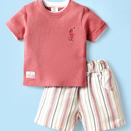 Mini Donuts Cotton Knit Half Sleeves Textured T-Shirt & Shorts with Stripes & Embroidery - Pink-picture-14
