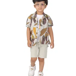 DOTSON Woven Half Sleeves Leaves Printed Shirt & Shorts With Tee Set - Mustard-picture-9