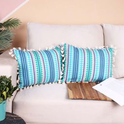 STITCHNEST Blue & White 2 Pieces Ethnic Motifs Woollen Rectangle Cushion Cover-57