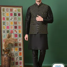 Vgyaan Mandarin Collar Pure Cotton Kurta & Pyjamas With Nehru jacket-image-77