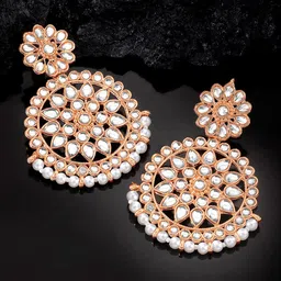 Peora Rose Gold-Plated Kundan Studded & Beaded Circular Shaped Drop Earrings-15