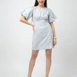 7OUNCE Floral Micro Print Bell Sleeve Boat Neck Empire Mini Dress-image-67