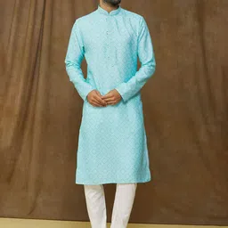 Samyukta Singhania Men Ethnic Motifs Printed Regular Thread Work Kurta with Churidar image 5