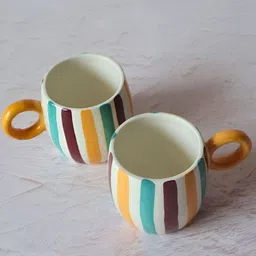 NURTURE INDIA White & Blue 2 Pieces Striped Ceramic Glossy Mugs 300ml Each-14